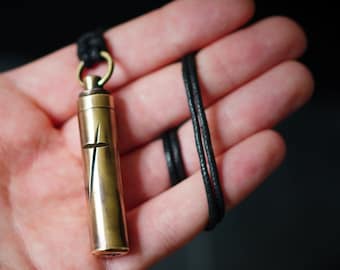 Personalised Solid Brass Distressed Capsule Stash Urn Vial Cross Pendant & Matching Rope Cord Necklace / EDC / Everyday Carry / Engraved