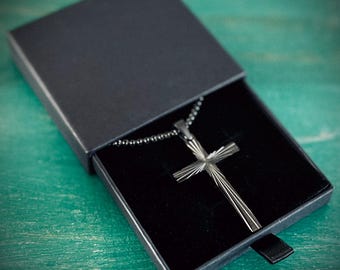 Rustic Brutalist Art Deco Style Oxidised Black Stainless Steel Engraved Light Cross Crucifix Pendant with Matching 24" Boxy Necklace
