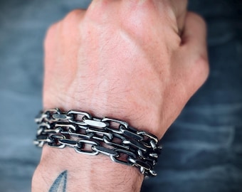Thick Chunky Heavy Distressed Silver Stainless Steel Cable Link Boxy Chain Bracelet