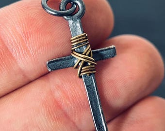 Distressed & Oxidised 925 Solid Sterling Silver Dainty Small Rustic Cross Crucifix Pendant with Brass Rope Wrapping | Minimalist | Plain