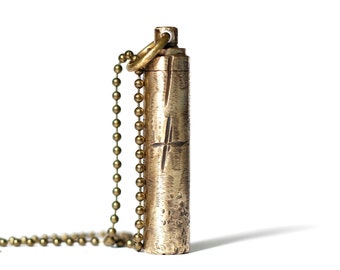 High Polished Distressed Gold Brass Secret Stash Screw Vial Bullet Capsule Container Pendant with Matching Ball Chain Necklace / EDC