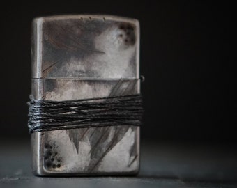 Heavily Distressed Oxidised Battle Damaged Worn Vintage Silver Chrome Metal Lighter with Rope Grip / EDC / Fire / Survival / Everyday Carry