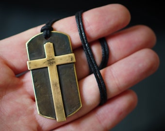 Handmade Rugged Rustic Distressed Custom Medieval Style Solid Brass Cross Crucifix Dog-Tag Pendant & Black Cord Necklace / Religious Relic