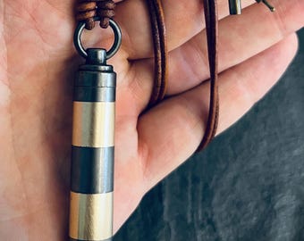 Handmade Striped Rustic Distressed Brass Vial Cremation Stash Capsule Pendant with Matching Brown Leather Cord Necklace / Keepsake / Locket