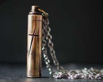 Personalised Distressed Brass Capsule Stash Urn Vial Cross Pendant & Matching Silver Stainless Steel Belcher Chain Necklace / EDC / Engraved