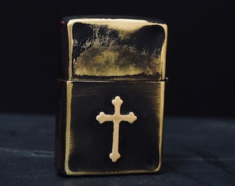 Custom Heavily Distressed & Oxidised Antique Vintage Patina Style Solid Brass Metal Lighter with Cross Crucifix Emblem / EDC / Collectable