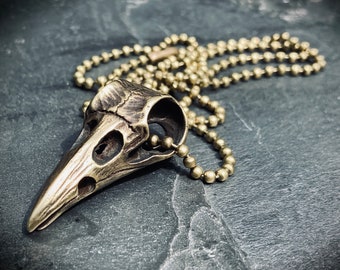 Handmade Solid Brass Distressed Crow / Raven Bird Skull Pendant with Matching Ball Chain Necklace