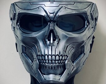 Hand Painted Full Face Skull Mask Helmet – Metallic Chrome Silver &  Black, Battle-Damaged Finish