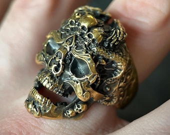 The Dragon's Throne - 24ct Gold Chunky Highly Detailed Ornate Handmade Carved Dragon Skull Ring - SIZE 9 US / R 3/4 UK