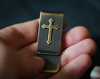 Custom Distressed & Oxidised Crucifix Cross Solid Brass Cash Money Clip Holder / Handmade / EDC / Wallet / Accessory