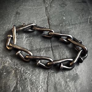 Oxidised Simple Stainless Steel Matte Blackened Silver Thick Chunky Heavy Anchor Nail Link Chain Bracelet - Mens / Rustic Style / Minimalist
