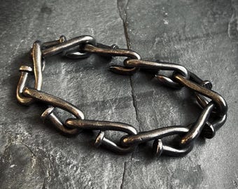 Oxidised Simple Stainless Steel Matte Blackened Silver Thick Chunky Heavy Anchor Nail Link Chain Bracelet - Mens / Rustic Style / Minimalist