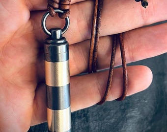 Handmade Striped 2-Tone Brass Cremation Capsule Pendant: Rustic Keepsake Stash Necklace & Brown Leather Cord