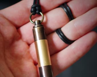 Personalised Engraved 2-Tone High Contrast Brass Capsule Stash Vial Pendant Necklace / EDC / Ashes / Memorial