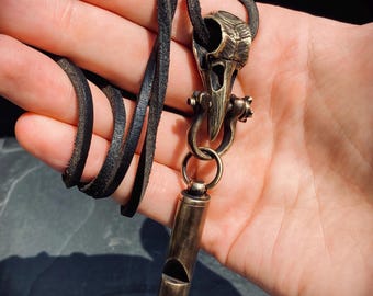 Rustic Brass Crow Skull & Bird Whistle Pendant with Thick Black Leather Cord Necklace / Distressed Jewellery / Unique / Handmade