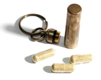Dull Polished Distressed Solid Brass Bullet Pill Box Bottle Stash Capsule Keychain / Key-ring / Survival EDC /Matchbox