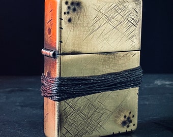 Customised Distressed & Oxidised Battle Damaged Vintage Style Gold Brass Zippo Lighter with Rope Grip / EDC / Everyday Carry