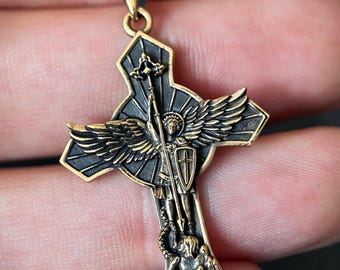 Archangel - 24ct Gold Plated Handmade Saint Michael "Protect Us" Crucifix Shield Pendant with Presentation Gift Box