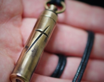 Rustic Handmade Brass Secret Stash Bullet Capsule Pendant Necklace with Engraved Cross & Custom Lettering