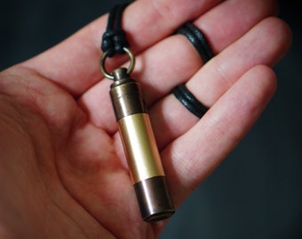Personalised Solid Brass 2-Tone High Contrast Capsule Stash Urn Vial Pendant & Matching Rope Cord Necklace / EDC / Cremation / Engraved