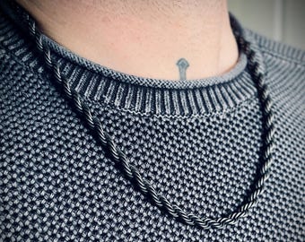 Rustic Chunky Black Stainless Steel Twisted Rope Chain Necklace - Mens Minimalist Style
