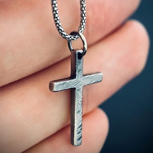 Small Rustic Dainty Minimalist Solid Sterling Silver 925 Cross Crucifix Pendant & Popcorn Chain Necklace