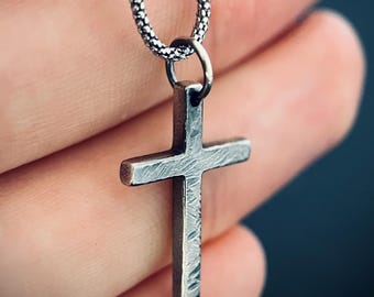Small Dainty Minimalist Rustic Distressed Solid Sterling Silver 925 Cross Crucifix Pendant with Matching 18" inch Popcorn Chain Necklace