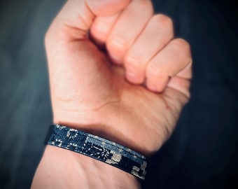 Artisan Handmade Minimalist Black Distressed Relic Leather & Blue Denim Wrap Wristband Cuff Bracelet Accessory with Solid Brass Buckle