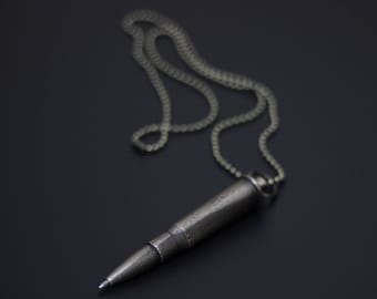 Bullet Pen Necklace - Battle Distressed Blackened Solid Brass Pendant with Matching Ball Chain / Writing / EDC / Tool