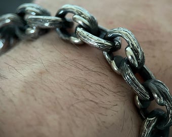 Oxidised Stainless Steel Black & Silver Thick Chunky Heavy Anchor Link Boxy Chain Bracelet Cuff - Mens / Rustic Style / Minimalist