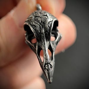 Oxidised Blackened Stainless Steel Crow Skull Amulet Ornate Pendant