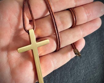 Rustic Style Large Titanium Anodised Gold Stainless Steel Cross Crucifix Pendant with Magnetic Closure on Brown Leather Cord Necklace
