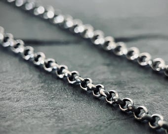 Simple Minimalist 925 Solid Sterling Silver Distressed Oxidised Rustic 22" Inch Rolo Loop Link Chain Necklace
