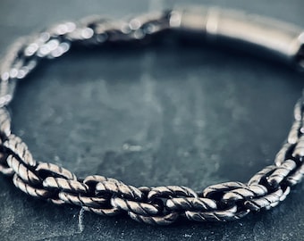 Oxidized Stainless Steel Rope Chain Bracelet: Chunky Blackened Silver, Mens Rustic Style