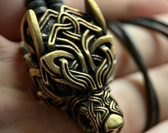 Rustic Brass Celtic Wolf Pendant & Black Distressed Leather Cord Necklace
