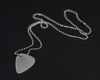 Minimalist Simple Brushed Stainless Steel Matte Silver Chrome Guitar Pick Pendant with Matching Ball Chain Necklace / Guitarist / Musician