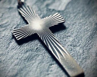 Dainty Oxidized Sterling Silver Cross Pendant – Minimalist Rustic Crucifix Charm with Engraved Light Rays