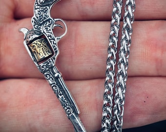 Ornate Engraved Stainless Steel Silver Outlaw Revolver Gun Pendant & Necklace Chain Gold Plated Cylinder
