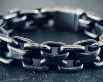 Mens Chunky Blackened Stainless Steel Chain Bracelet: Heavy Duty Oxidized Finish