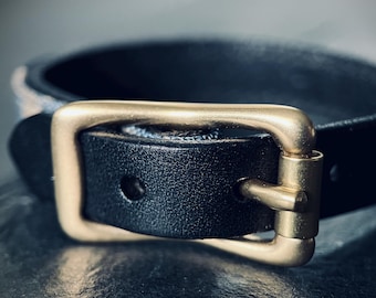 Distressed Black Leather & Denim Wrap Bracelet: Solid Brass Buckle
