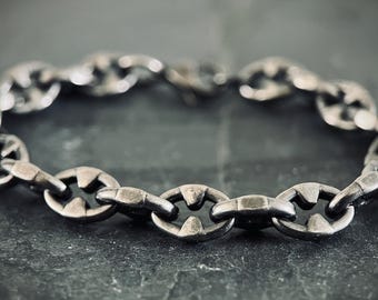 Rustic Chunky Distressed Blackened Stainless Steel Thorn Link Chain Bracelet