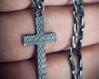 Small Rustic Minimalist Solid Sterling Silver 925 Cross Crucifix Pendant & Paperclip Cable Chain Necklace