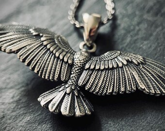 Oxidised Rustic Blackened 925 Solid Sterling Silver Crow Bird Pendant & Cable Chain Necklace