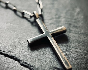 Small Rustic Oxidised Distressed Silver Cross Crucifix Pendant & 17" Inch Boxy Paperclip Chain Necklace