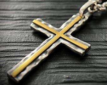 Hammered Sterling Silver Rustic Cross Pendant with Brass Inlay with 24" Rolo Chain