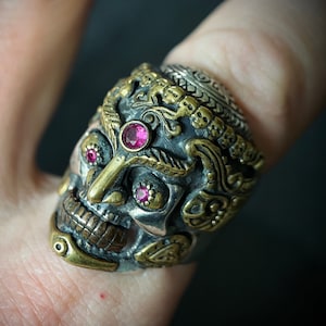 Sterling Silver Tibetan Skull Ring: Handmade Garnet Gemstone Eyes