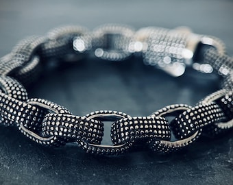Oxidized Stainless Steel Chunky Chain Bracelet: Embossed Dot Link, Rustic Mens Jewelry