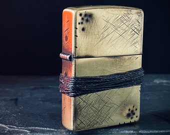Heavily Distressed Oxidised Battle Damaged Worn Vintage Gold Brass Metal Lighter with Rope Grip / EDC / Fire / Survival / Everyday Carry