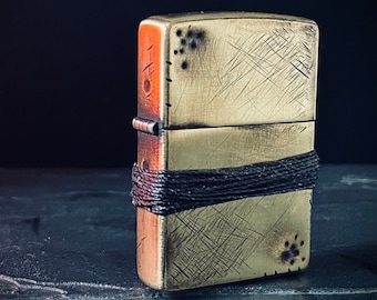 Heavily Distressed Oxidised Battle Damaged Worn Vintage Gold Brass Metal Lighter with Rope Grip / EDC / Fire / Survival / Everyday Carry