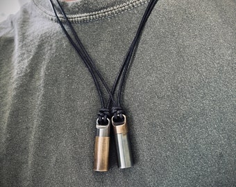Pair of Brass & Stainless Steel 2-Tone Pill Vial Gold and Silver Shotgun Shell Capsule Stash Urn Pendants with Leather Cord Necklaces / EDC